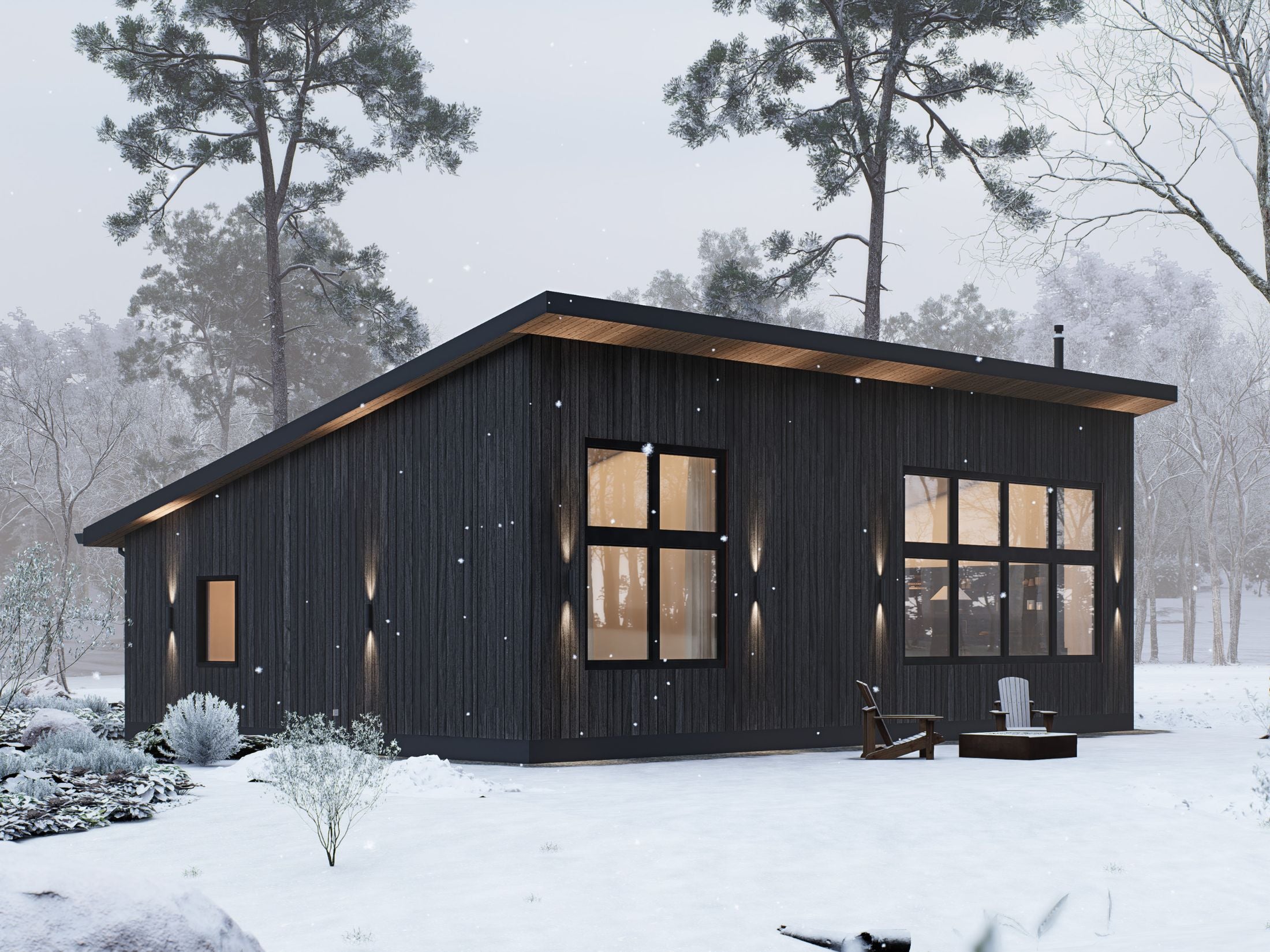 Modern Midcentury Cabin in a snowy forest