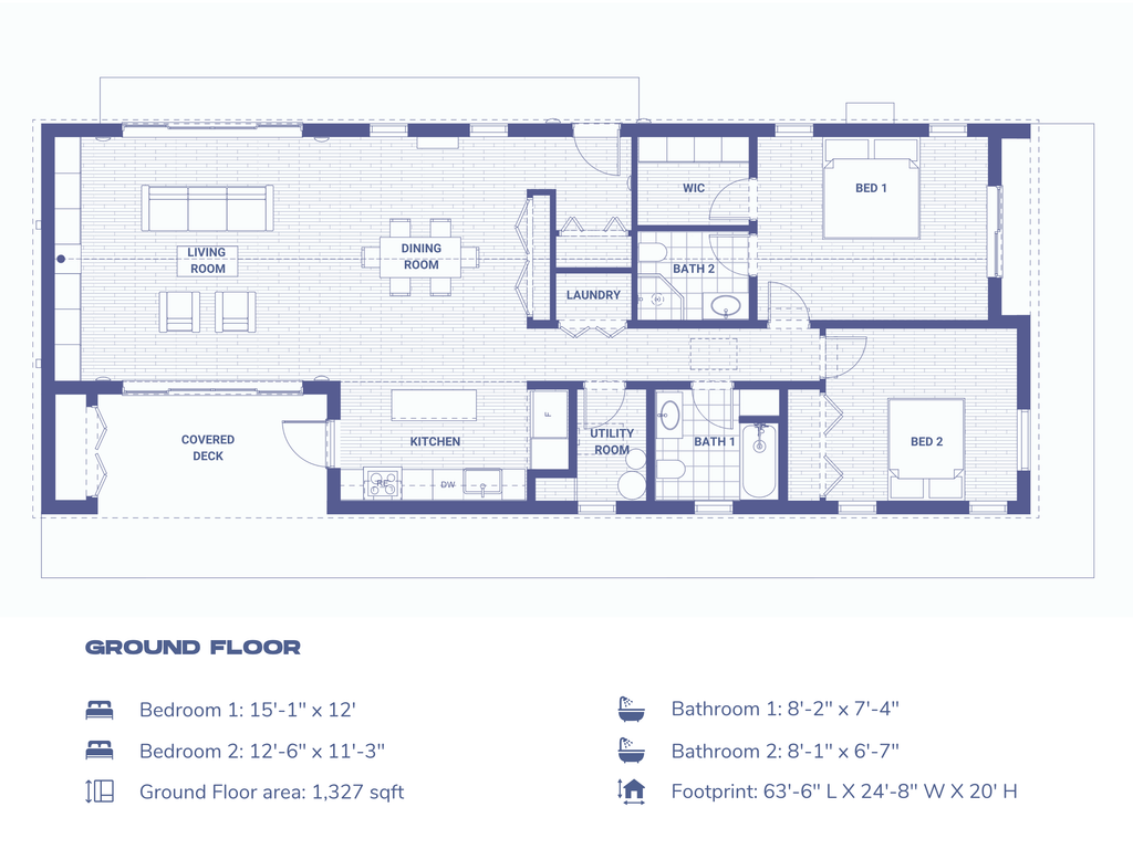 Ground floor plan of a 2-bedroom barn house showing 1,327 sqft layout with living room, dining room, kitchen, two bedrooms, two bathrooms, walk-in closet, laundry, utility room, and covered deck — footprint 63'-6" L x 24'-8" W x 20' H