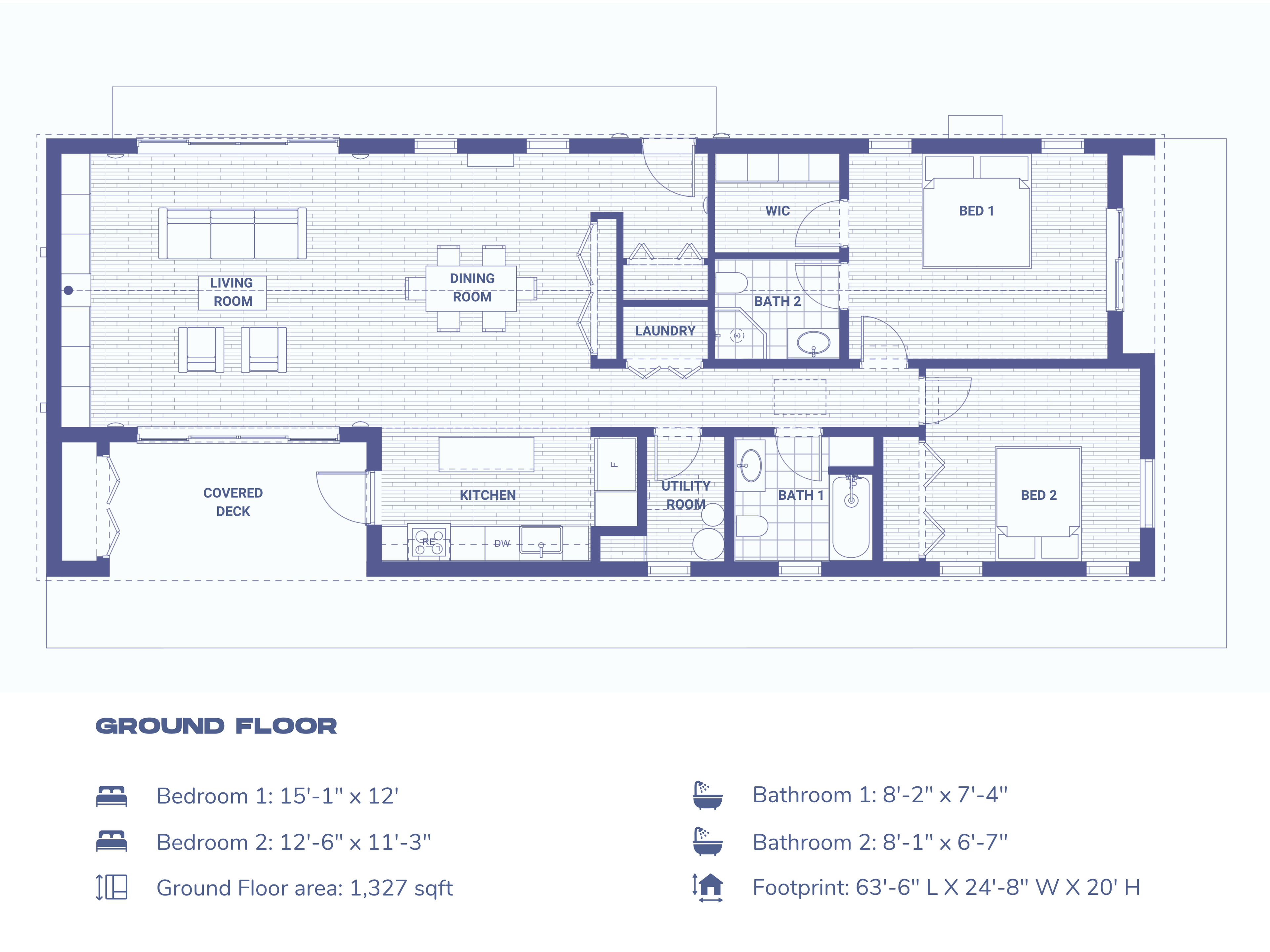 Ground floor plan of a 2-bedroom barn house showing 1,327 sqft layout with living room, dining room, kitchen, two bedrooms, two bathrooms, walk-in closet, laundry, utility room, and covered deck — footprint 63'-6" L x 24'-8" W x 20' H
