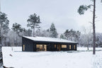 2-bedroom midcentury home plan side view with mono-pitch roof, black board-and-batten siding and 2-car garage in winter
