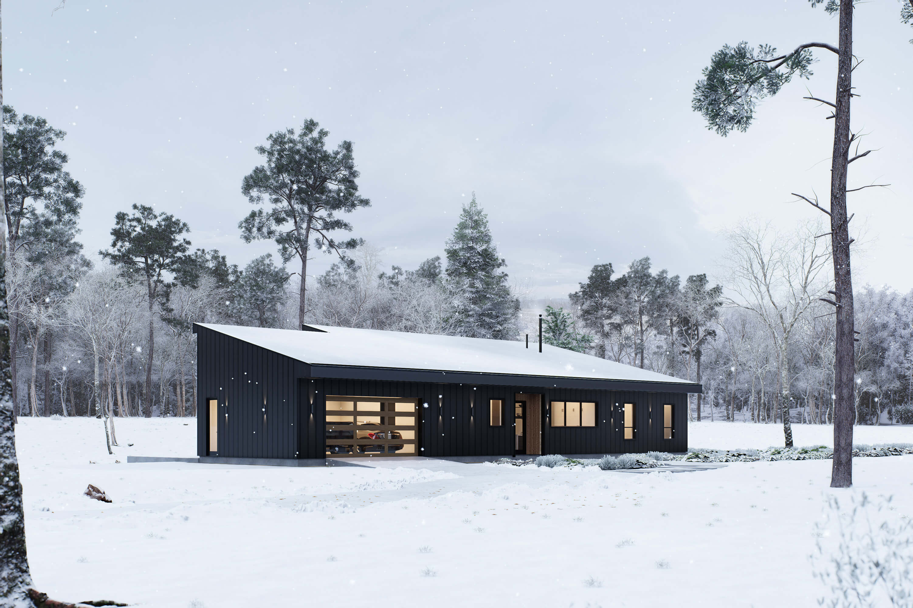 2-bedroom midcentury home plan side view with mono-pitch roof, black board-and-batten siding and 2-car garage in winter