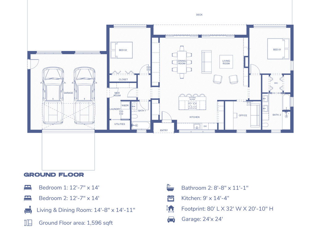2-bedroom midcentury house plan ground floor blueprint showing open concept living, dining and kitchen, two bedrooms, two bathrooms and 2-car garage — 1,596 sq ft footprint