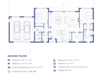 2-bedroom midcentury house plan ground floor blueprint showing open concept living, dining and kitchen, two bedrooms, two bathrooms and 2-car garage — 1,596 sq ft footprint