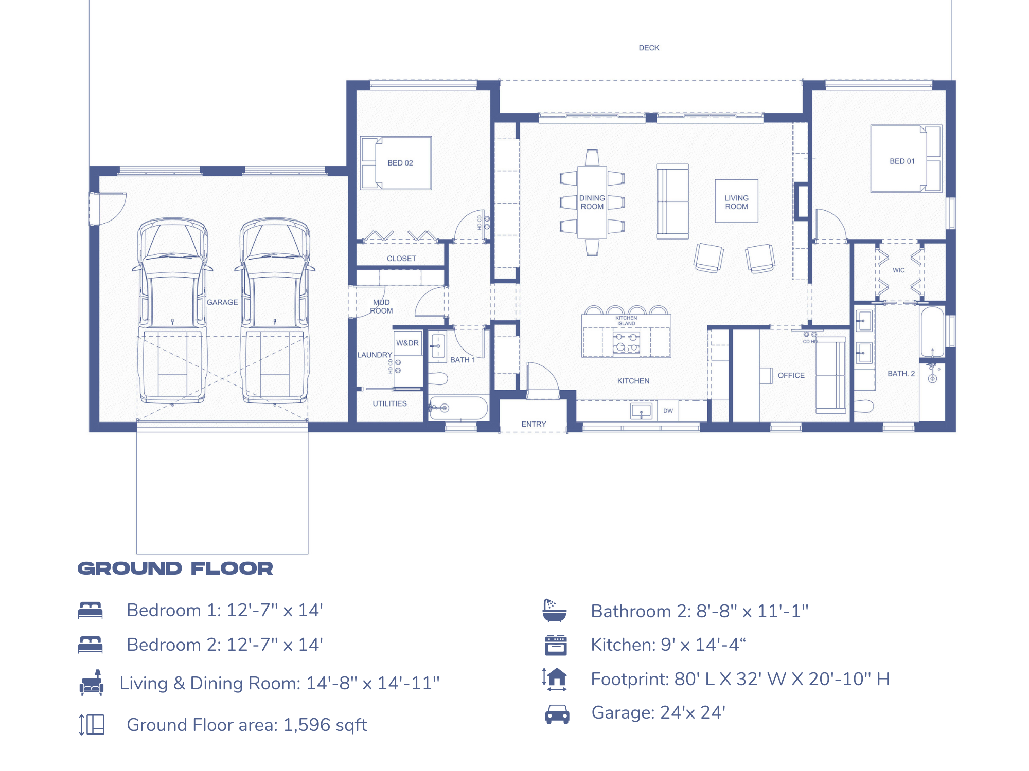 2-bedroom midcentury house plan ground floor blueprint showing open concept living, dining and kitchen, two bedrooms, two bathrooms and 2-car garage — 1,596 sq ft footprint