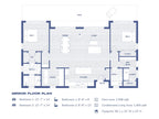 2 bedroom modern cabin floor plan, mirrored layout — 1,598 sqft open-concept single story cabin house plan