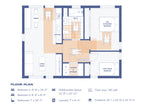Floor plan drawing of a 2 bedroom 1 bath 792 sqft ADA compliant wheelchair accessible ADU on a 33 by 24 foot footprint, showing the accessible bathroom, laundry, multifunction living space and caretaker bedroom