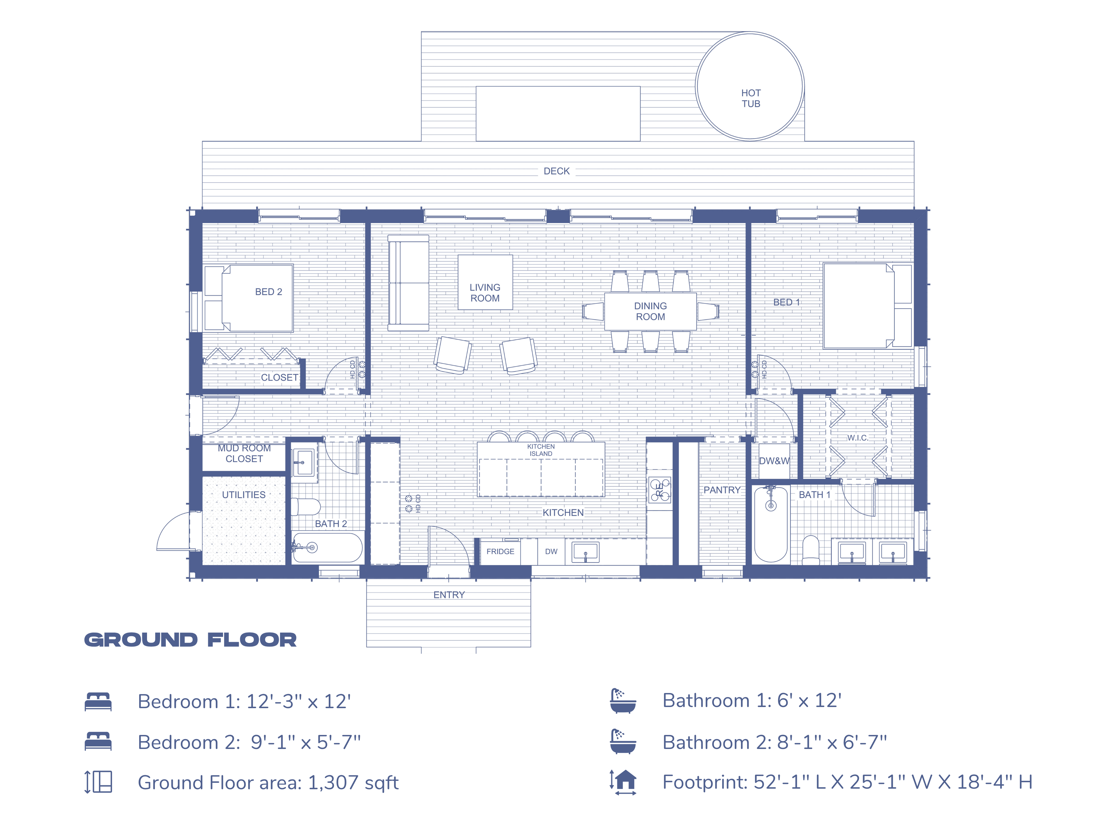 2 bed 2 bath Japandi minimalist house floor plan, single-story 1,300 sq ft layout