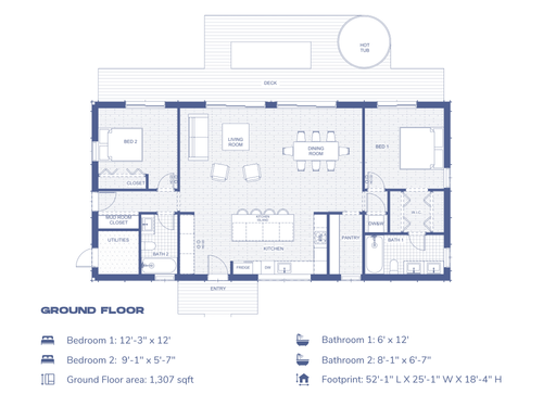2 bed 2 bath Japandi minimalist house floor plan, single-story 1,300 sq ft layout