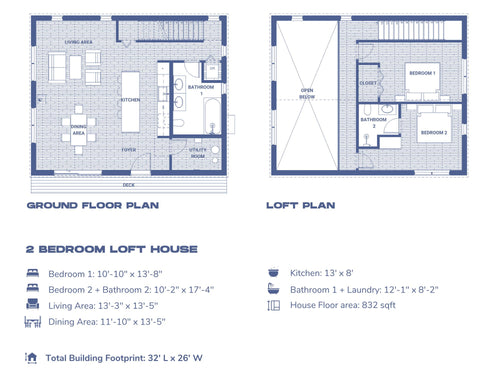2 bedroom cabin house plan with loft — 832 sqft two-story floor plan on a 32ft x 26ft footprint