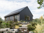 2 bed 2 bath mini barndominium house plan exterior — modern black barn-style small home with sloped roof