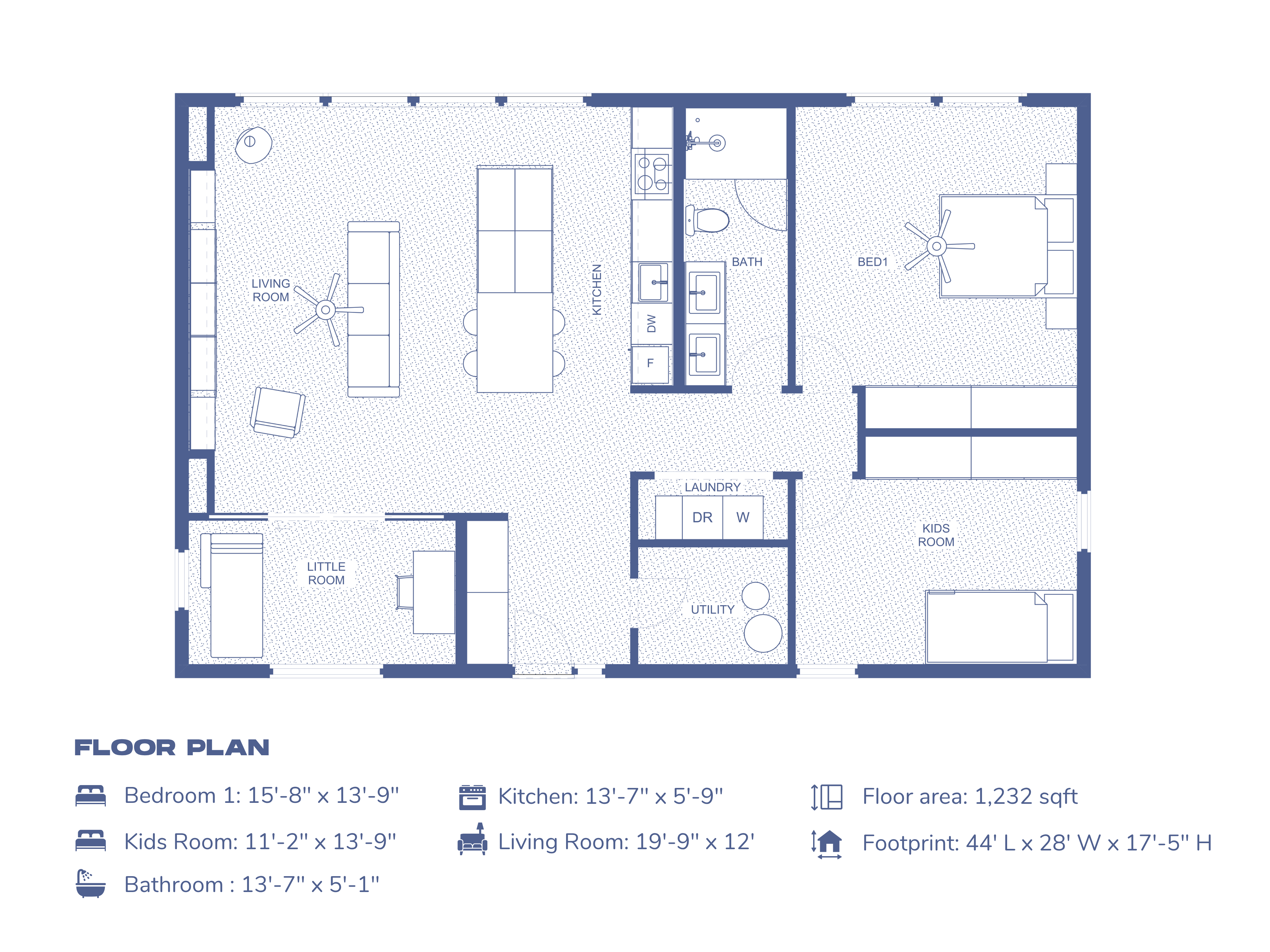 2 bedroom midcentury cabin house plan floor plan blueprint showing 1,232 sqft single-story layout with open-concept living, kitchen, two bedrooms, bathroom and laundry