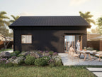Micro steel cabin ADU exterior angle — 512 sqft backyard cabin with black metal siding