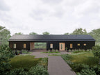 Dogtrot house plan exterior — open-air breezeway between two gabled wings with wood detailing