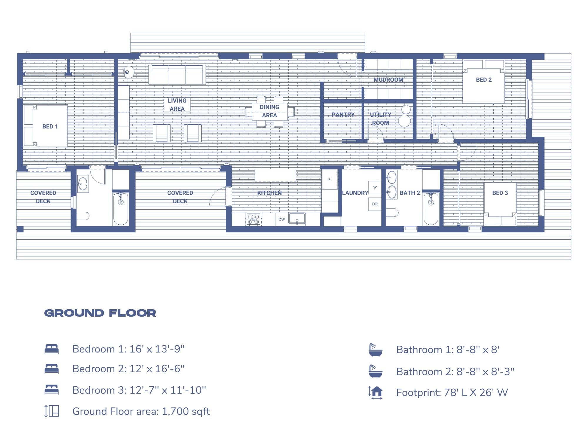 Ground floor plan of a 3-bedroom barn house showing 1,700 sqft layout with living area, dining area, kitchen, two bathrooms, mudroom, utility room, pantry, laundry, and two covered decks — footprint 78 ft x 26 ft