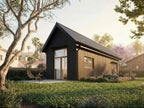 1 bed micro steel cabin ADU plan exterior — 512 sqft tiny home with black vertical metal siding and standing seam roof