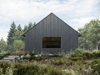 Mini barndominium exterior — modern small home with large windows surrounded by trees
