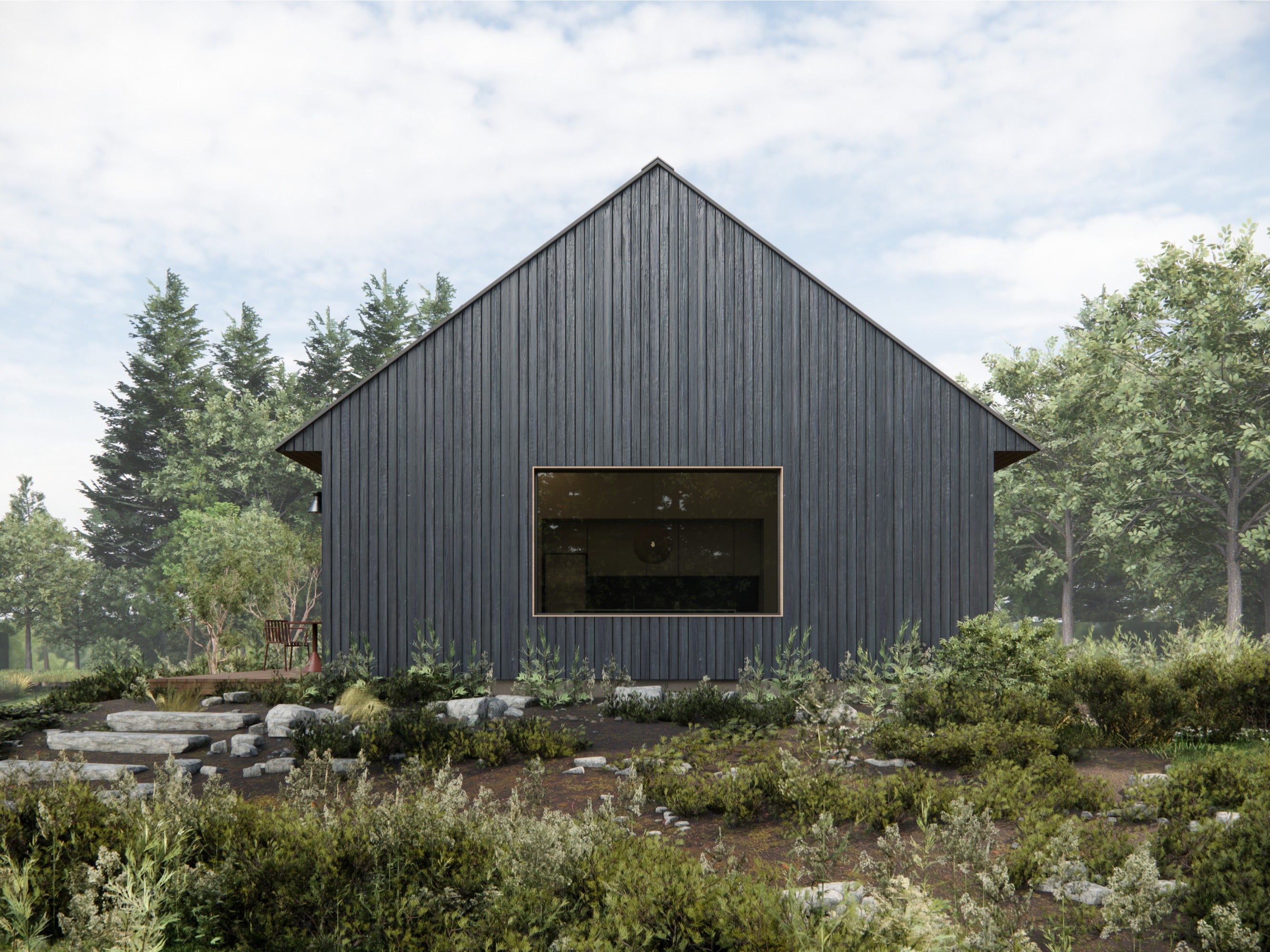 Modern building with a large window surrounded by trees and greenery