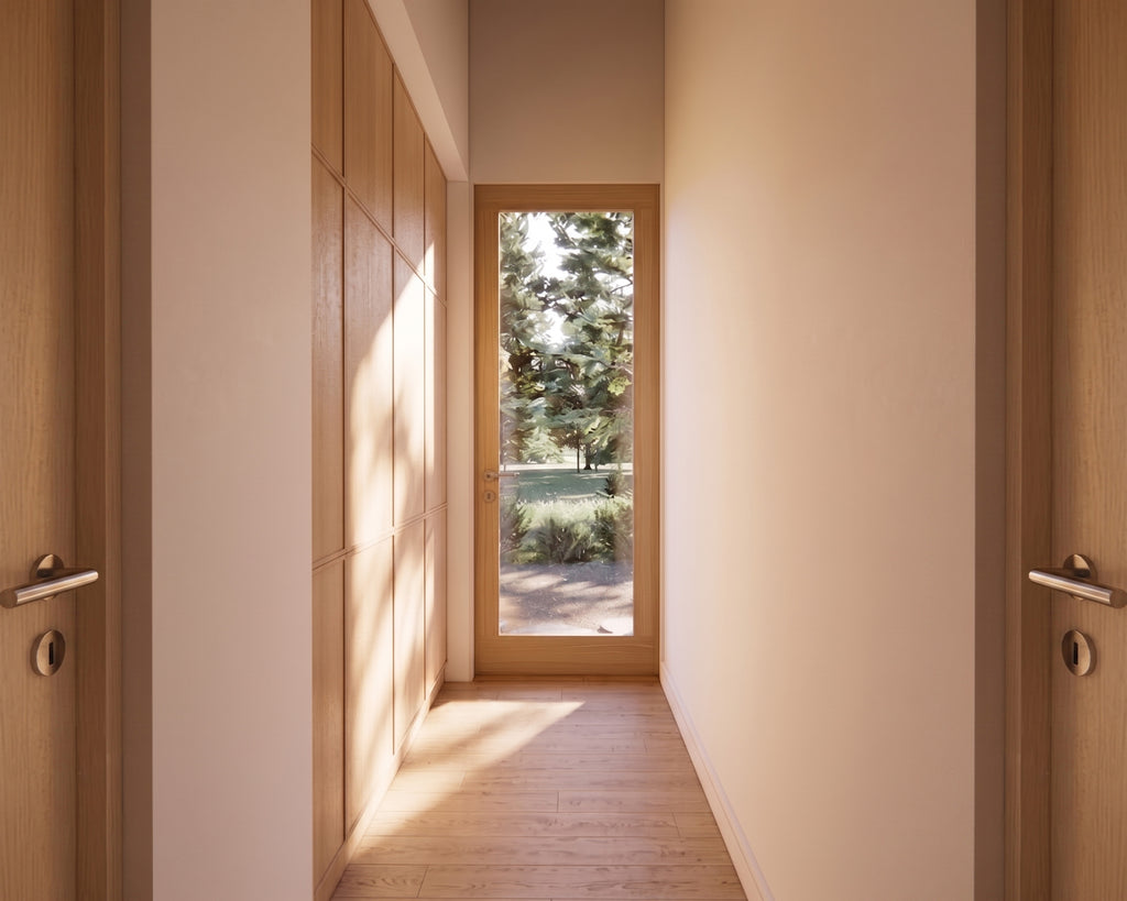 Mudroom back entry in small modern Japandi house plan