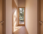 Mudroom back entry in small modern Japandi house plan