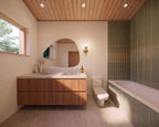 Primary bathroom with standard tub in minimalist single-story house plan