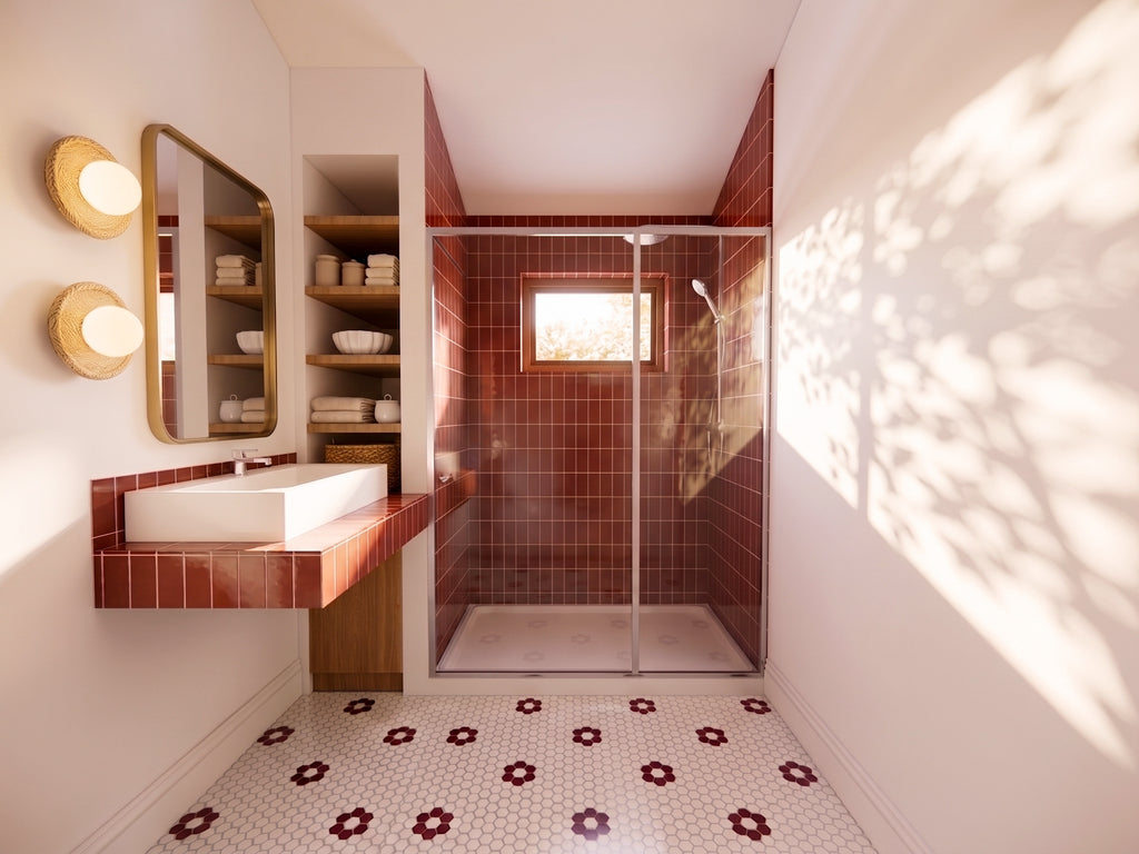 ADA compliant bathroom plan with a roll-in accessible shower, wheelchair turning space and clear approach to the sink and toilet