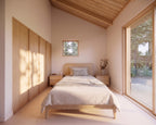 Guest bedroom with built-in closet in 2 bed Japandi house plan