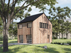 1 bed garage apartment plan exterior — 2-car garage with studio apartment above, stained pine siding and black metal roof