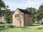 Garage apartment plan exterior angle — apartment over a 2-car garage with stained pine siding