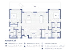 2 bed 2 bath modern cabin floor plan — 1,598 sqft single story layout with open living, island kitchen, two bedrooms, office, mudroom and full-width deck