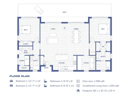 2 bed 2 bath modern cabin floor plan — 1,598 sqft single story layout with open living, island kitchen, two bedrooms, office, mudroom and full-width deck