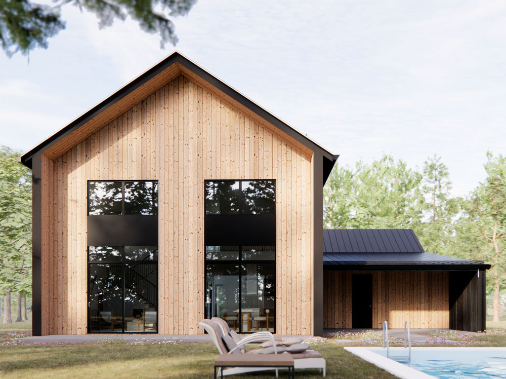 Design With Frank Nordic barndominium floor plan rear elevation with double-height gable, floor-to-ceiling black-frame windows, pool and sun loungers