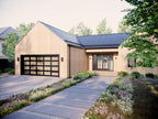 Design With Frank southern modern farmhouse house plan front elevation with 2-car garage, natural wood vertical siding, stone stepping path and covered glass entry