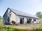 Super Green passive modern house plan exterior — single story white board and batten home with standing seam metal roof