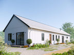 Super Green passive modern house plan exterior — single story white board and batten home with large windows