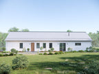 Energy-efficient single story house plan exterior — minimalist modern box form with standing seam metal roof and deck