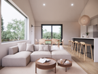 Mini barndominium interior — open-concept living area with wood stove and vaulted ceiling