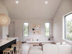 Mini barndominium interior — open living and dining space with natural light