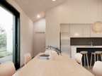 Mini barndominium interior — kitchen with island seating in a compact open layout