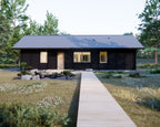 Front exterior of small modern Japandi house plan with wood-clad facade