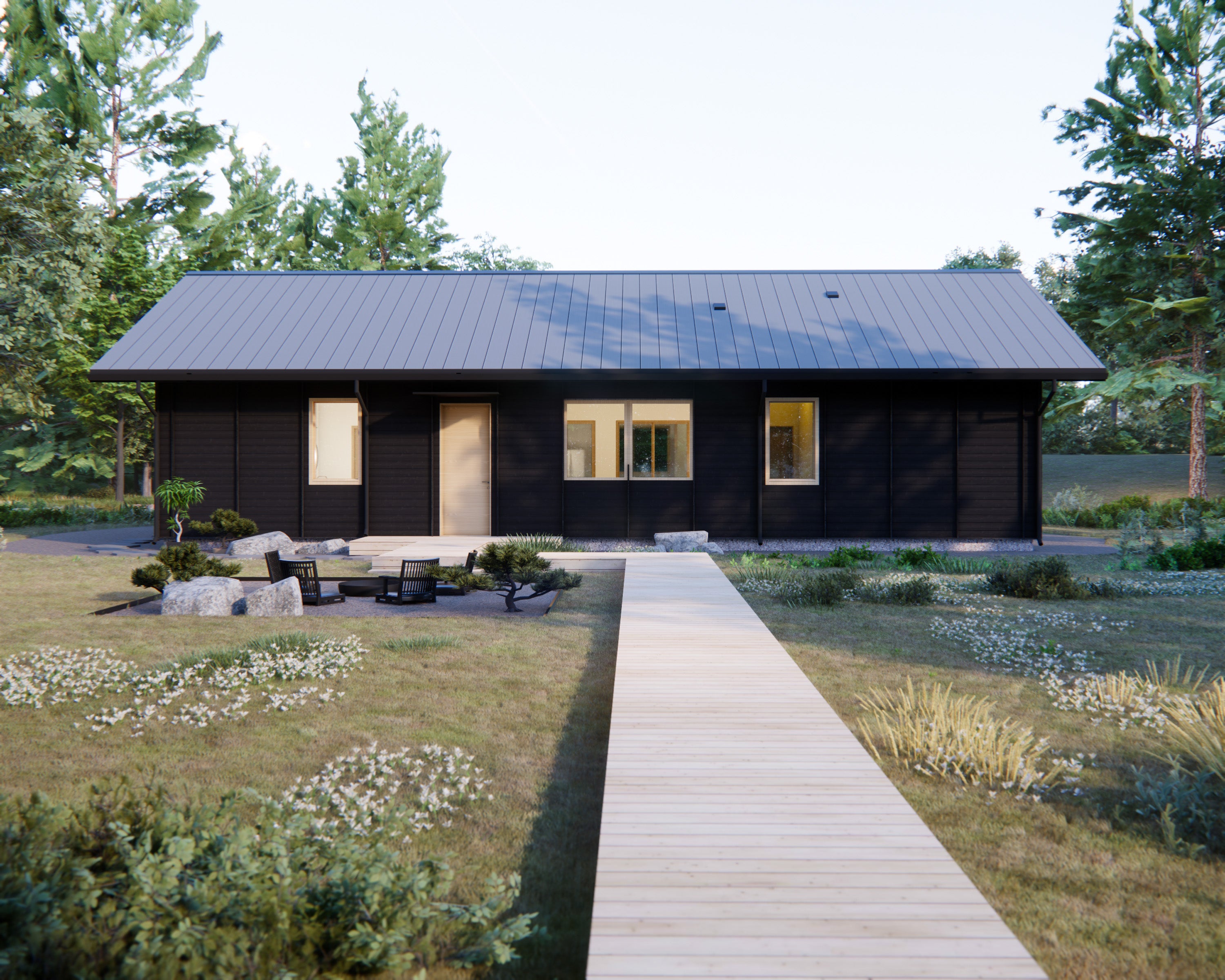 Front exterior of small modern Japandi house plan with wood-clad facade