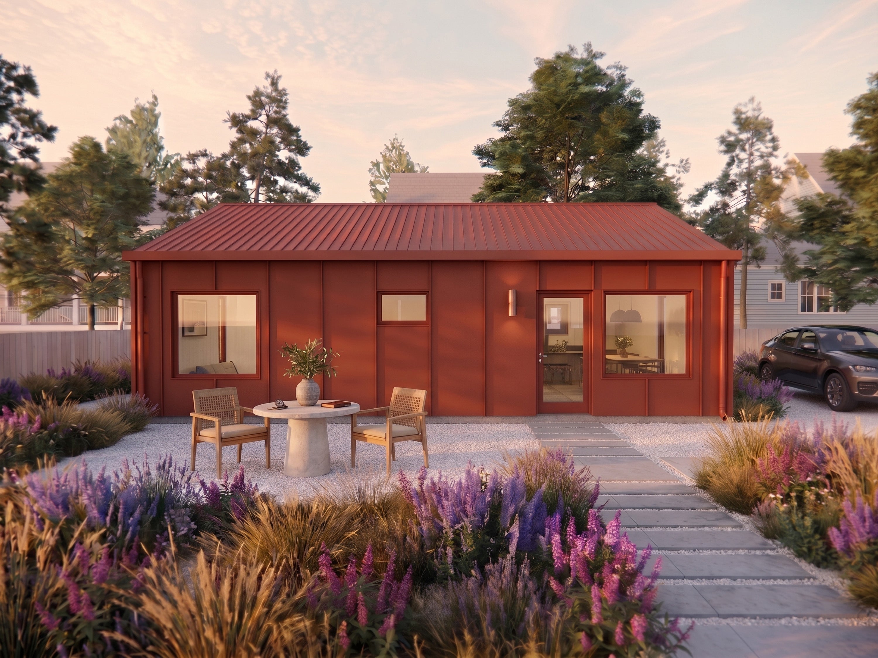 Exterior front view of a 792 sqft ADA wheelchair accessible ADU house plan with a step-free entry, designed as a backyard accessory dwelling unit