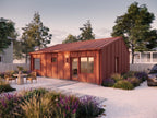 Side exterior view of the single story wheelchair friendly ADU house plan, a 792 sqft universal design backyard home