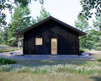 Japandi house plan exterior at dusk with warm interior lighting
