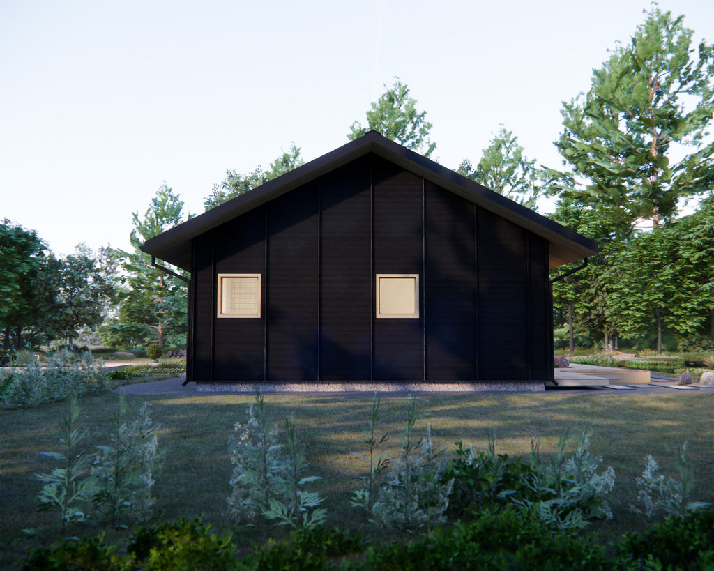 Rear exterior of 2 bedroom minimalist house plan with covered patio