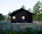 Rear exterior of 2 bedroom minimalist house plan with covered patio