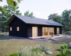 Side exterior of small modern Japandi house plan with wood siding