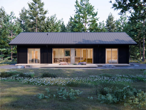 Front exterior of 2 bed Japandi minimalist house plan with wood accents and statement roof