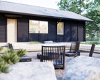Small modern house plan exterior showing statement roofline and entry