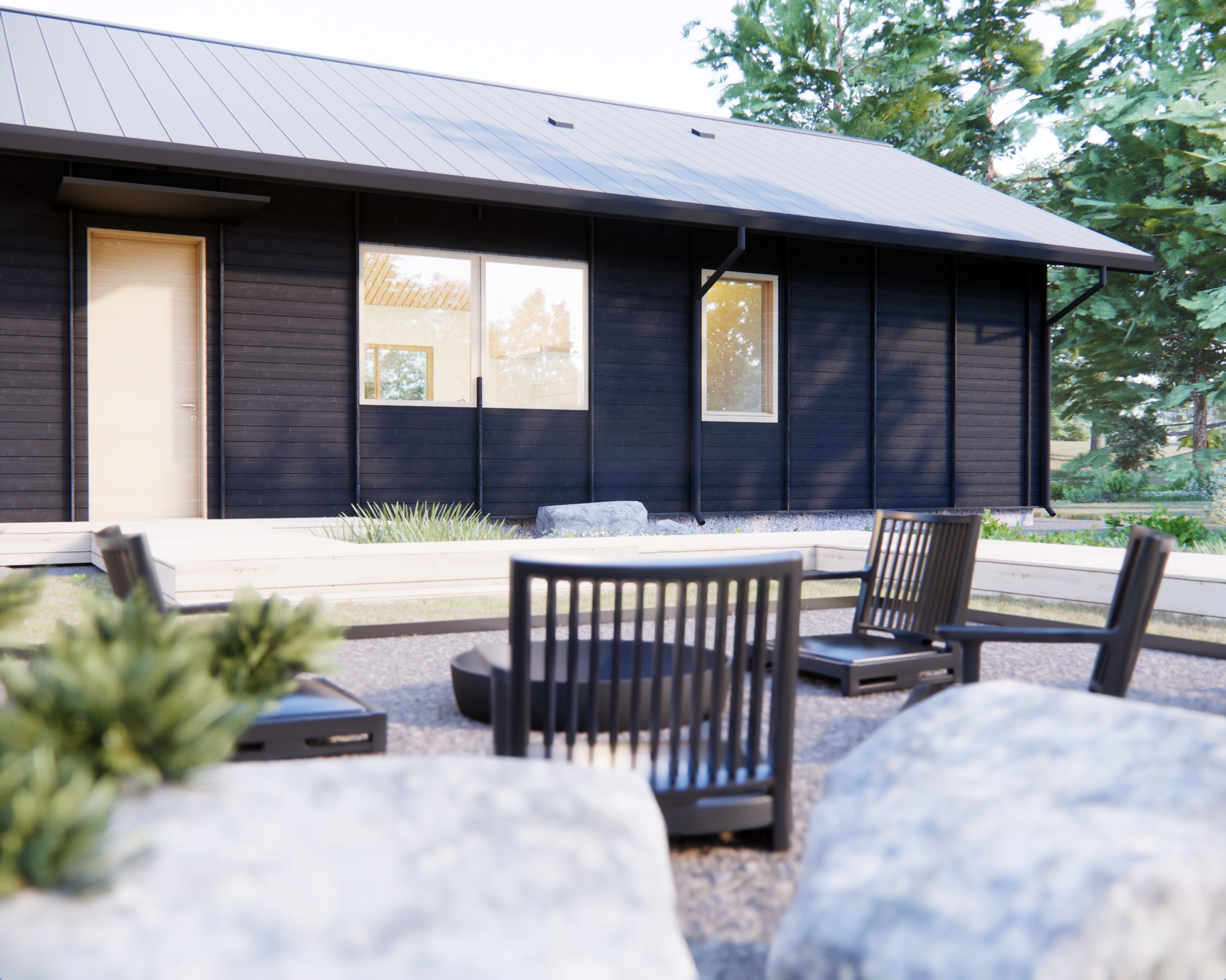 Small modern house plan exterior showing statement roofline and entry