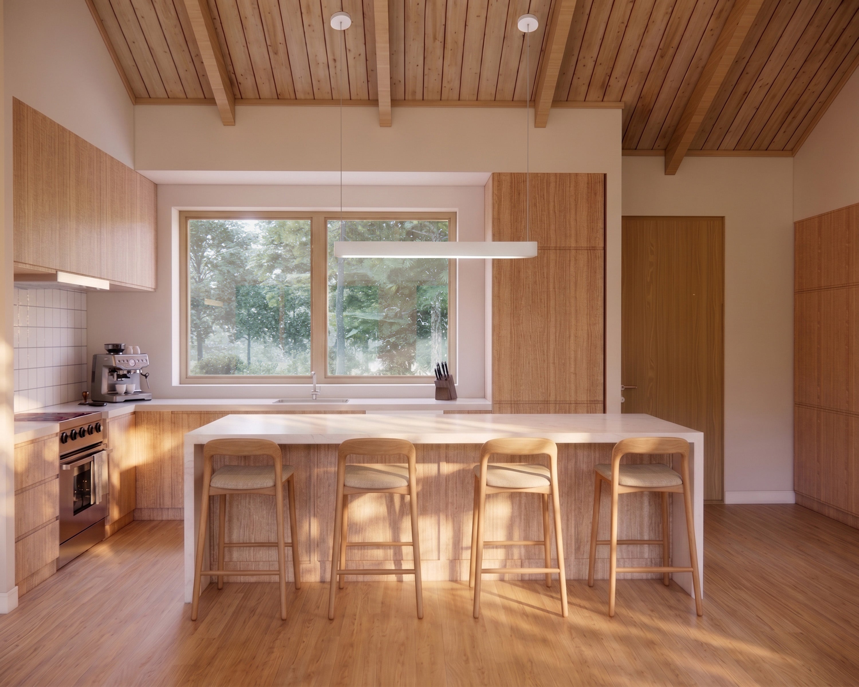 L-shaped kitchen with center island in Japandi minimalist house plan